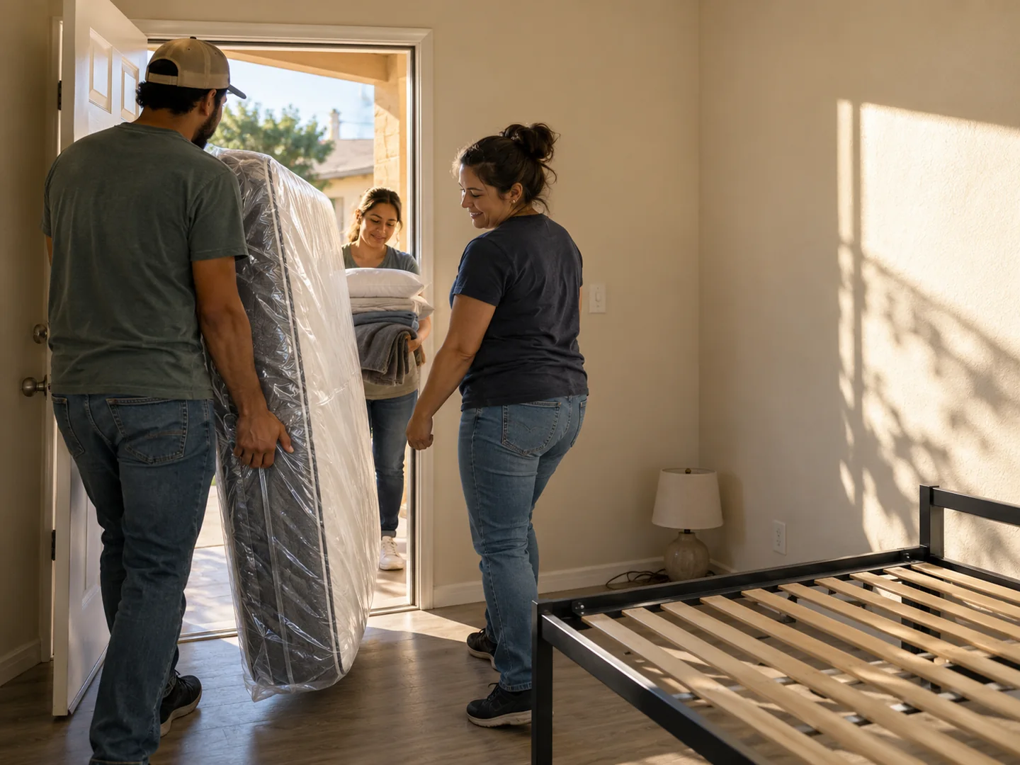New mattress and linens being carried in