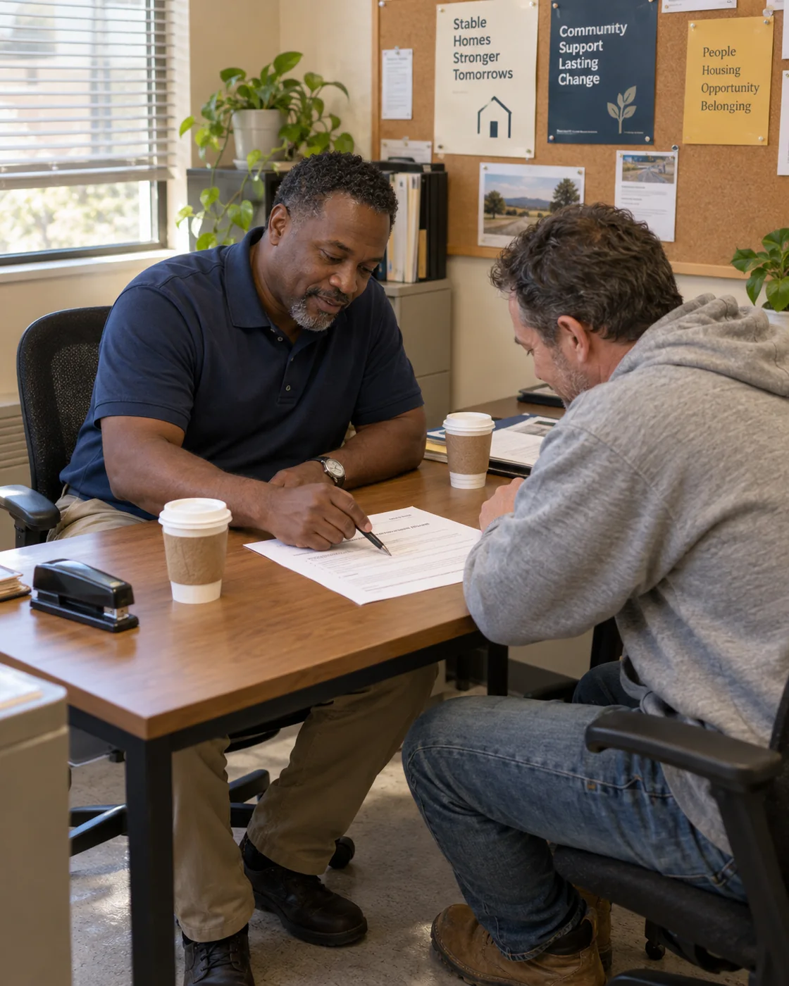 Case manager and resident reviewing a plan