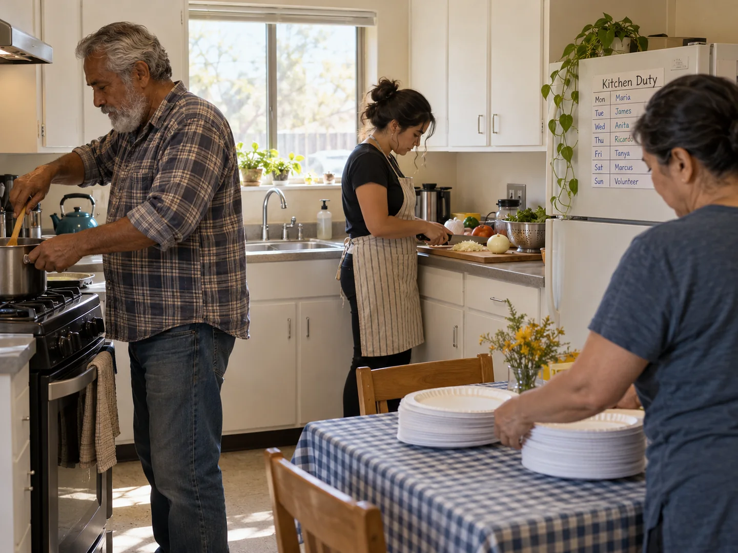 Residents in the shared kitchen